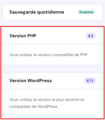 La page Aperçu général de hPanel montrant un site avec une version PHP et WordPress supportée