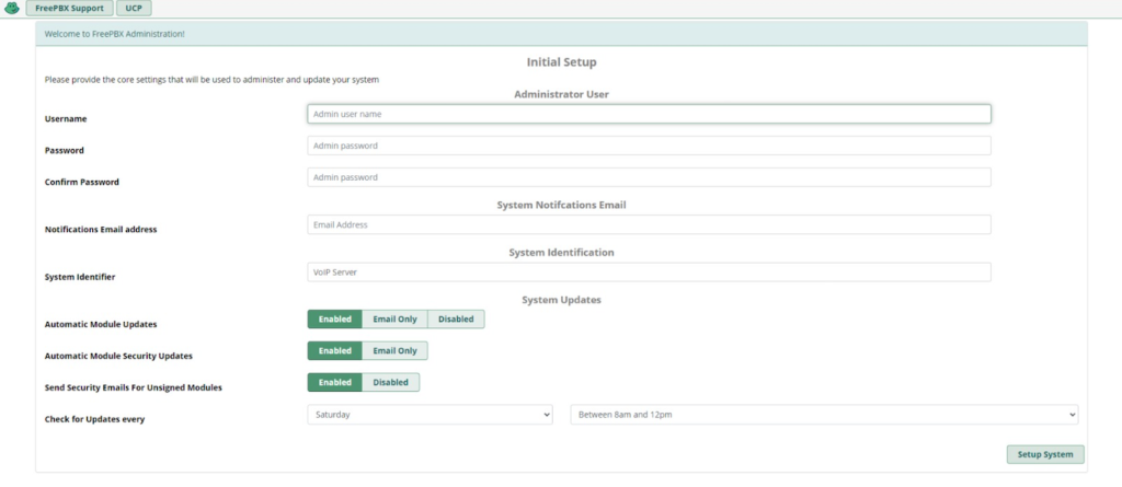 Menu de création du compte administrateur sur le tableau de bord du FreePBX