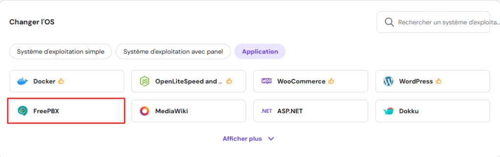 le template FreePBX dans le menu de configuration du système d'exploitation de hPanel