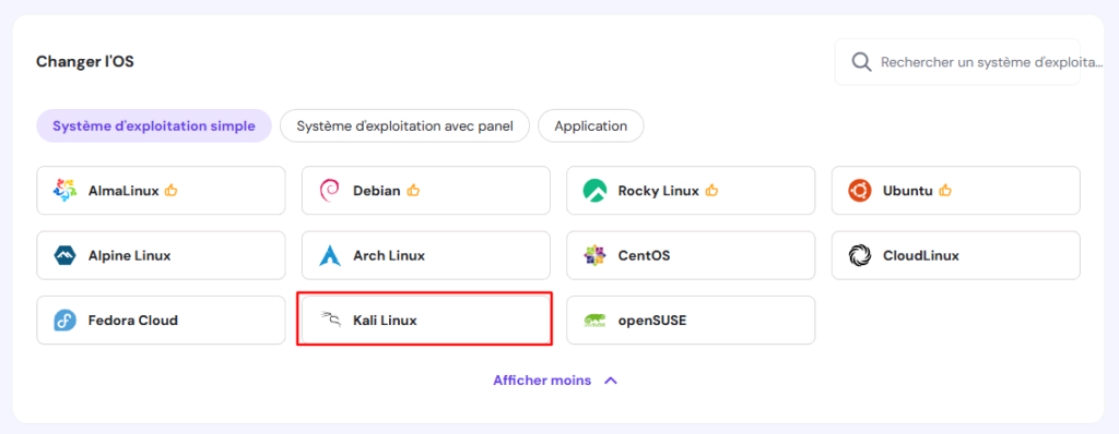 Sélectionner Kali Linux dans la page Système d'exploitation du VPS de hPanel