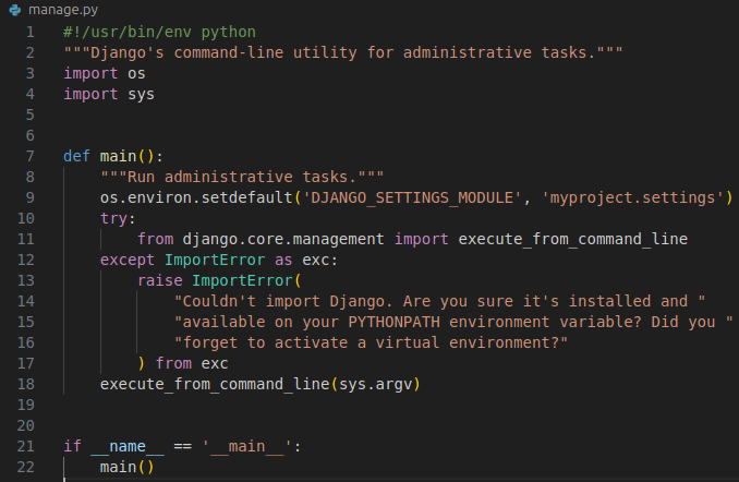 Capture d'écran du fichier manage.py par défaut ouvert dans l'éditeur de code VS