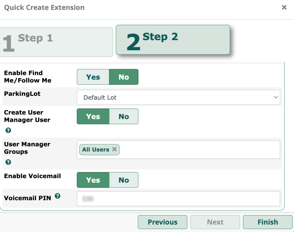 Deuxième page du menu de création d'extension sur FreePBX