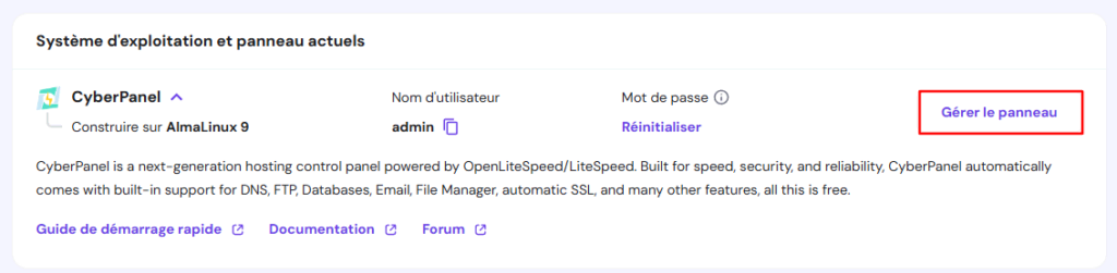 Le bouton Gérer le panneau sur hPanel