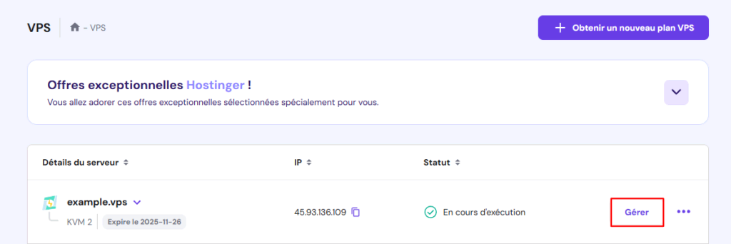 Le bouton Gérer dans la section VPS de hPanel