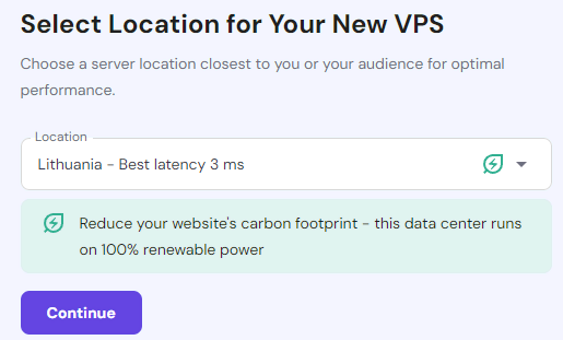 sélecteur d'emplacement du VPS Hostinger