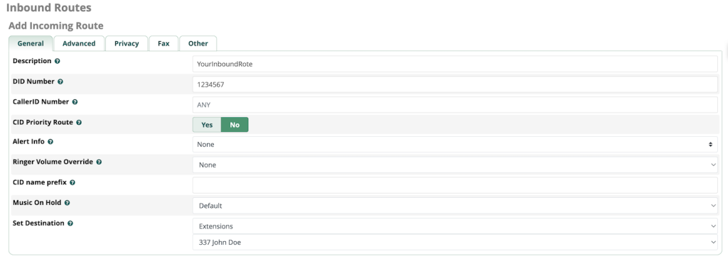 Page de configuration des routes entrantes sur le tableau de bord du FreePBX