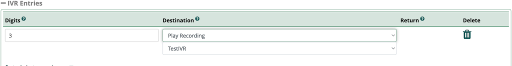 Menu de configuration des entrées IVR sur le tableau de bord du FreePBX