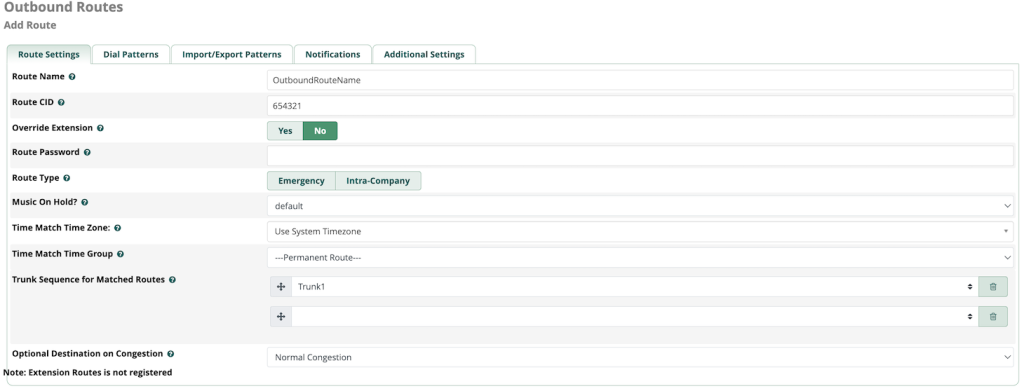 Page de configuration de la route sortante sur le tableau de bord du FreePBX