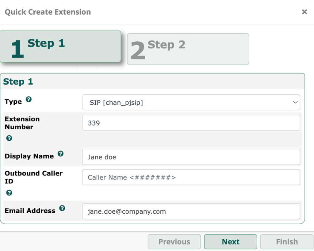 première page du menu de création d'extension sur freepbx