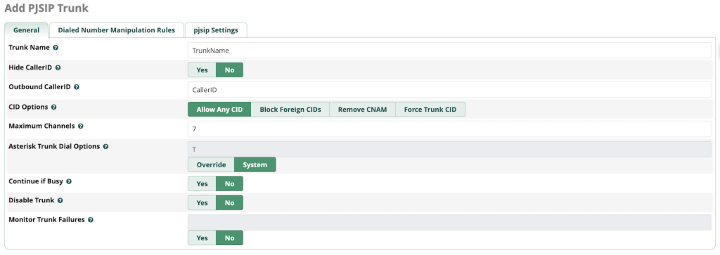 Menu de création d'une ligne SIP sur le tableau de bord du FreePBX