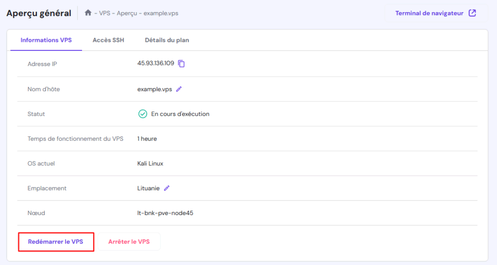 Le bouton Redémarrer le VPS dans le VPS de hPanel