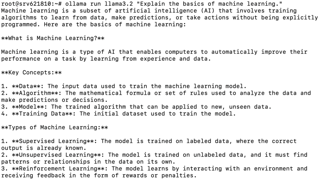 Terminal affichant la réponse d'un modèle Ollama sur l'apprentissage automatique