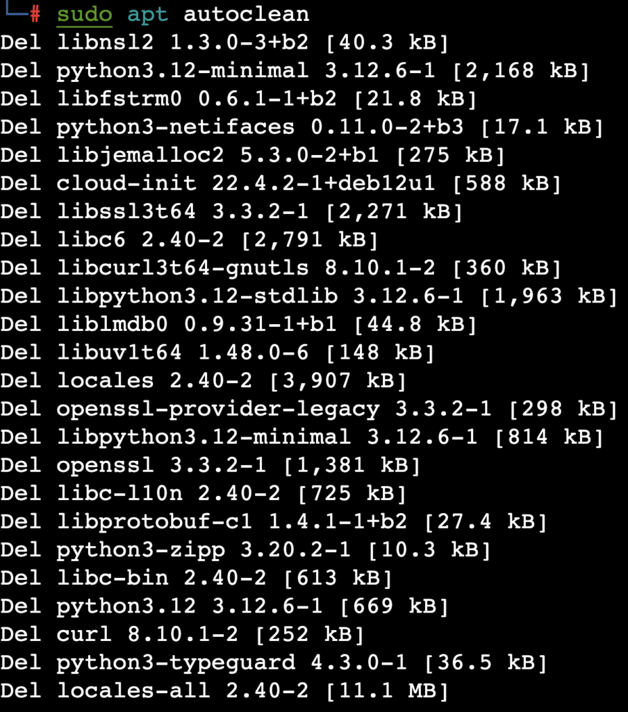 La sortie de la commande sudo apt autoclean dans le terminal