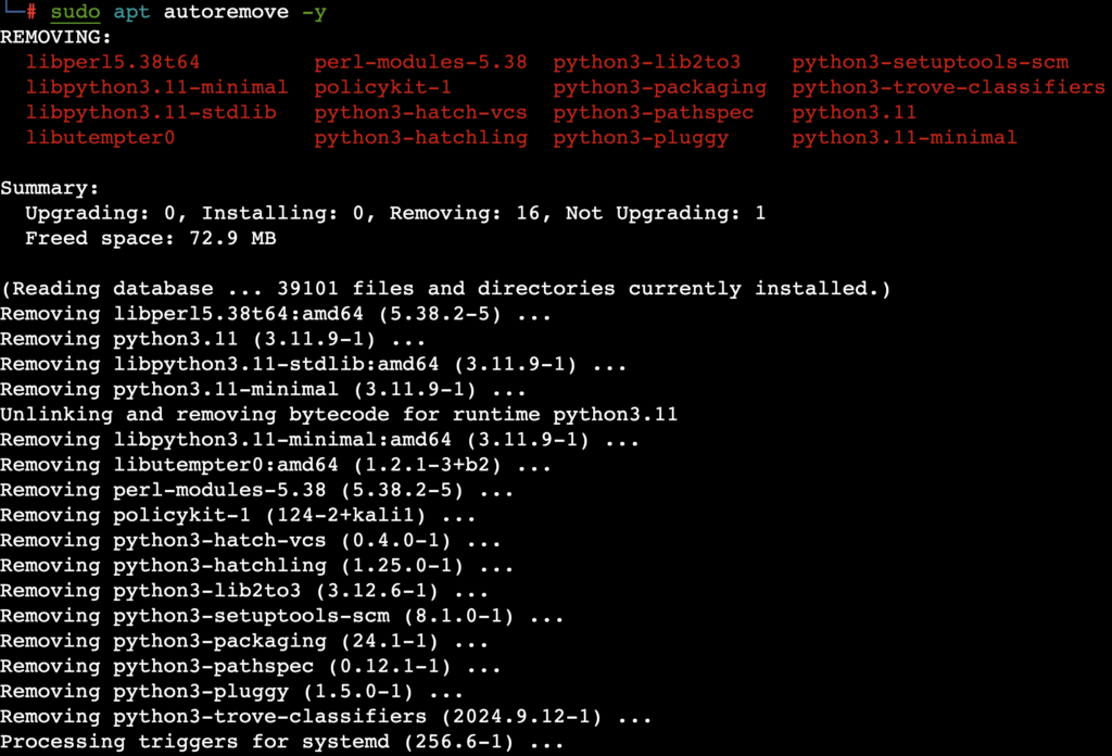 La sortie de la commande sudo apt autoremove -y dans le terminal