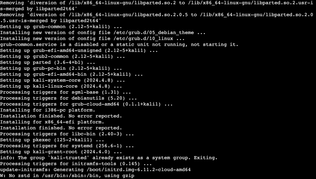 La sortie de la commande sudo apt full-upgrade -y dans le terminal